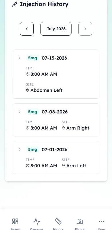 Synthetic dose history screen showing July 2026 GLP-1 injection entries.