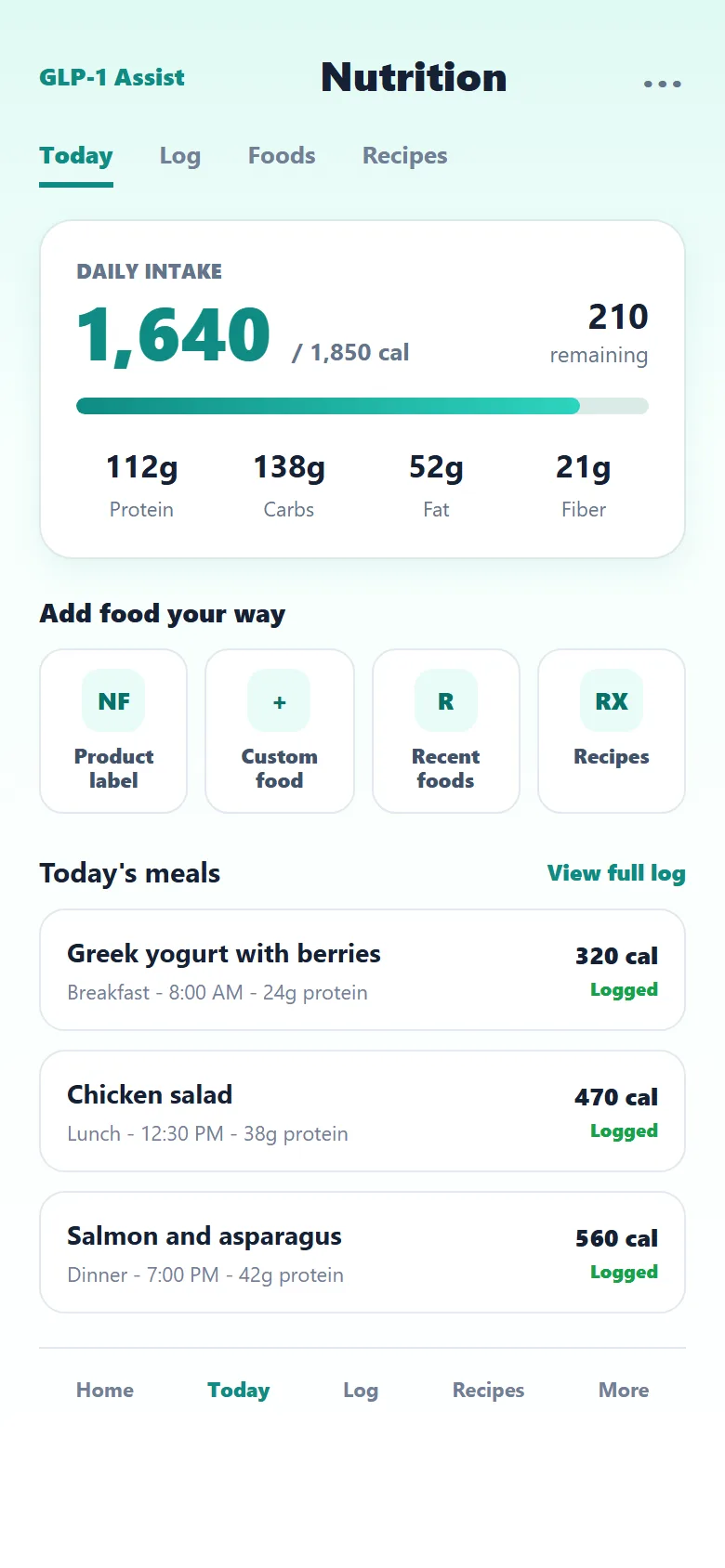 Synthetic nutrition record screen showing calories, macros, logging methods, and meal history.