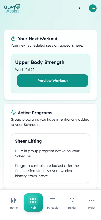 Synthetic workout hub screen showing a scheduled strength session and the active Sheer Lifting program.